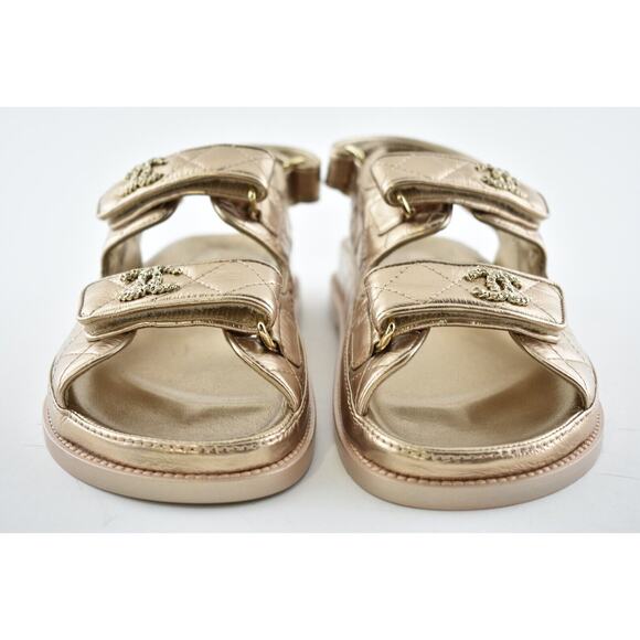Chanel 21C Bronze Quilt Chain CC Logo Mule Slide Strap Flat Teva Dad Sandal 36.5 - Picture 5 of 12